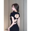 Hollow Backless Split Small Black Dress Women's Summer New Waist Thin Pear-shaped Super Body Dress