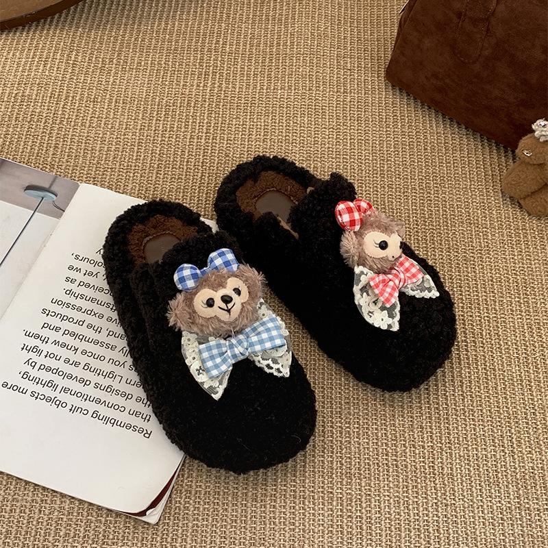 Fashion, lightweight and cute cartoon thick-soled fluffy slippers for women to wear winter velvet bag head slippers 35
