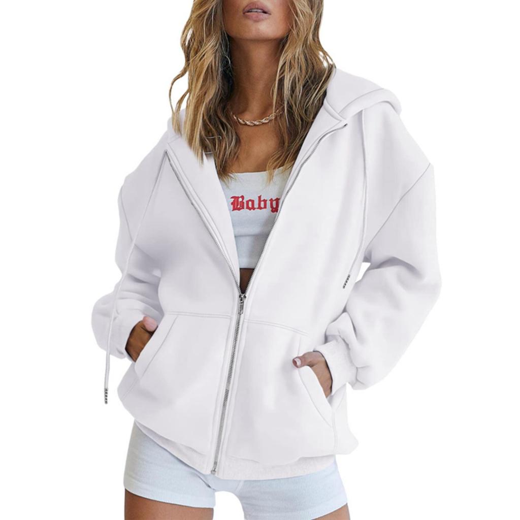 Women's Zip Up Hooded Sweatshirt Jacket Loose Fit Casual Solid Color Long Sleeve Outerwear