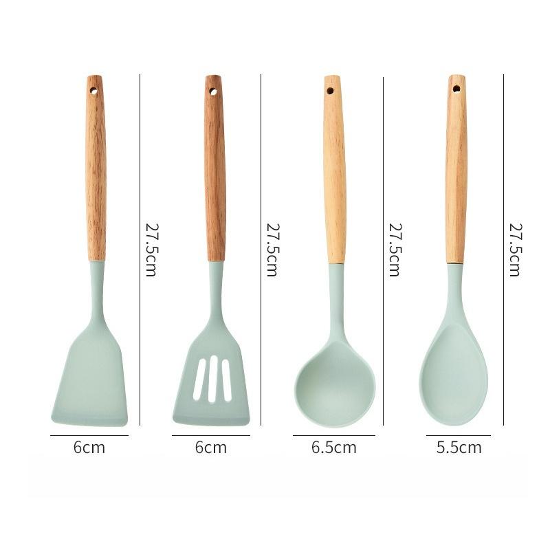 12pcs Set of Multi-color Silicone Wooden Handle Kitchenware Set Non Stick Pot Spatula and Spoon Cooking Utensils Heat-resistant