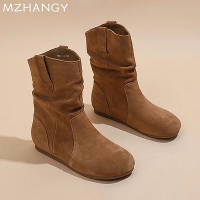 Women Flats Snow Mid Calf Boots Fashion Winter Shoes Woman 2024 Trend Chelsea Boots Walking New Goth Retro Short Boots Mujer