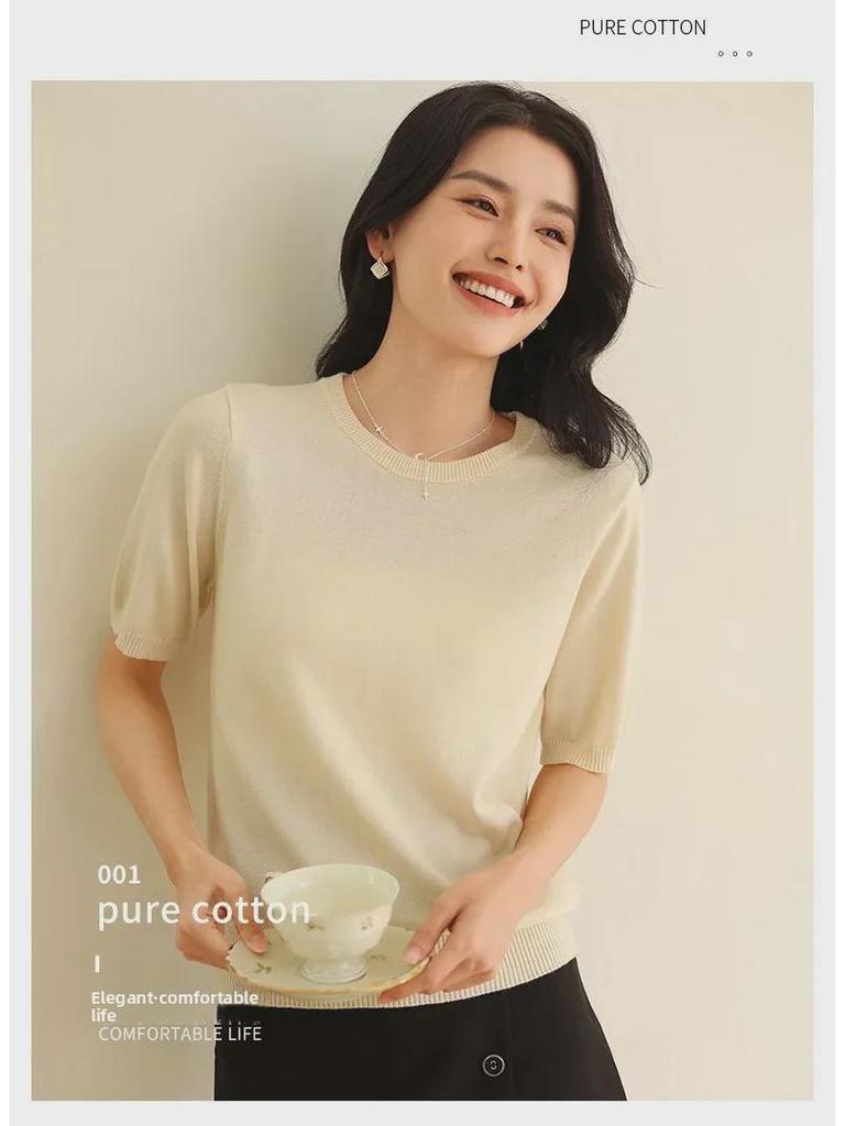 Spring Cotton Knit Short Sleeve Outerwear - Round Neck Loose Fit Solid Color Top