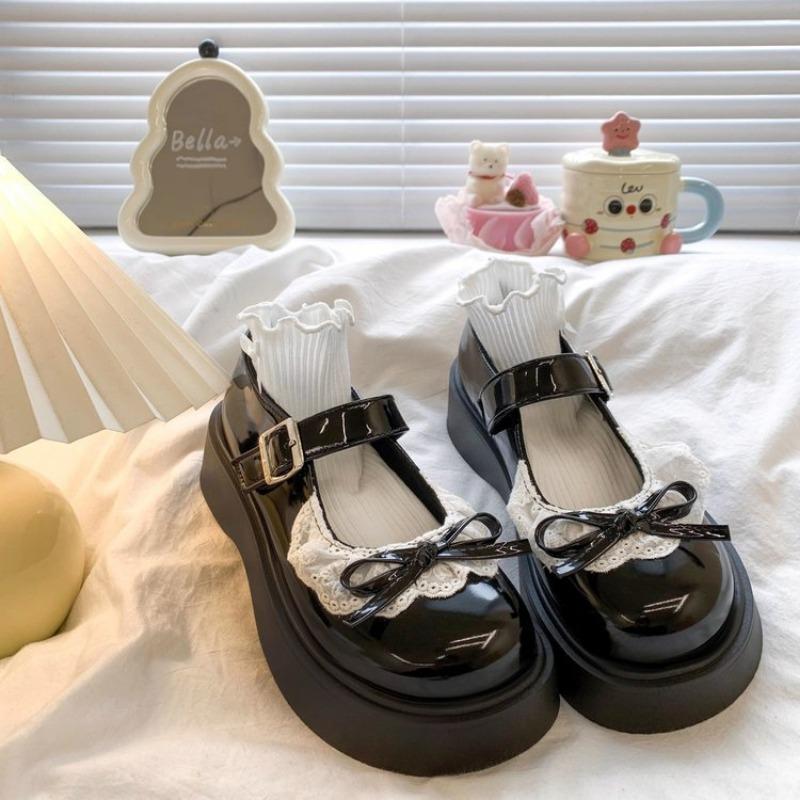 Cute Round Head Buckle Small Leather Shoes New Bow JK Leather Shoes Student Platform Women