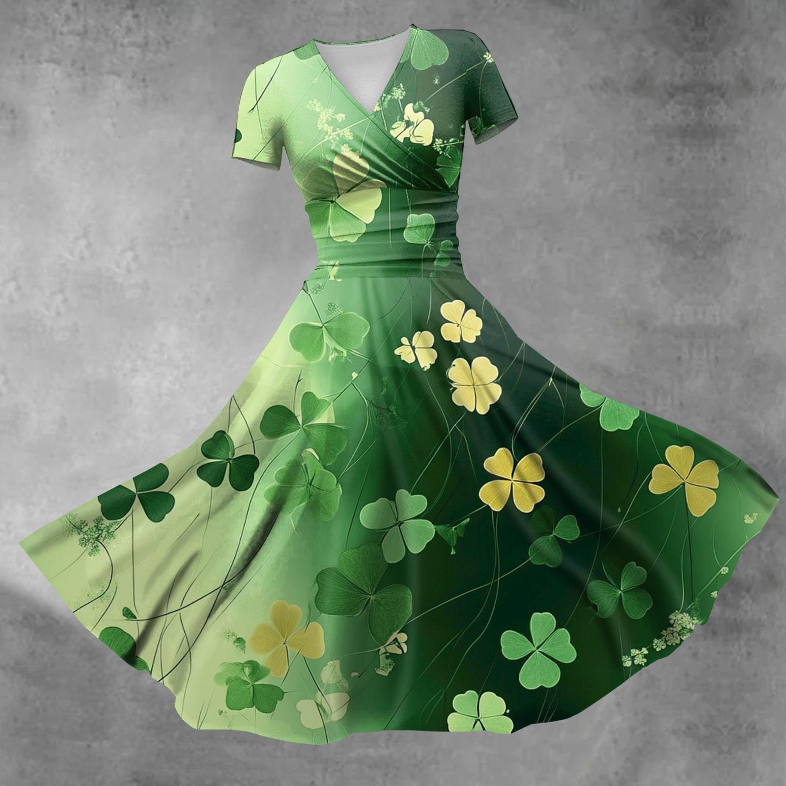 

Женское платье принцессы, сексуальное платье с V-образным вырезом, принтом, присборенной талией, плиссировкой и короткими рукавами XXL светло-зеленый
