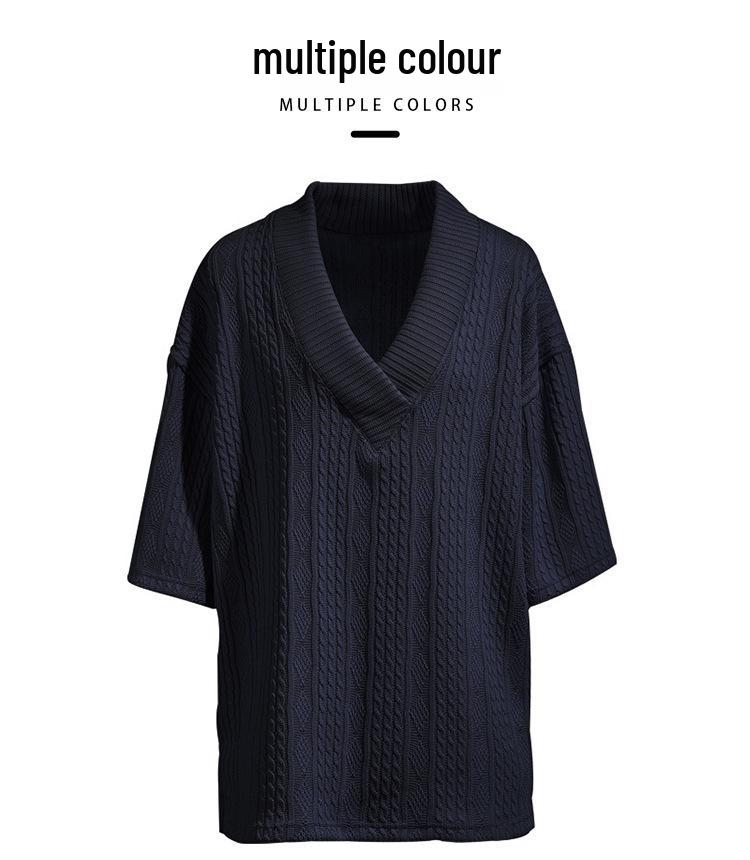 2025 Men's Summer Loose V-neck Knit T-shirt - Casual Short Sleeve, Plain Color Sports Tee