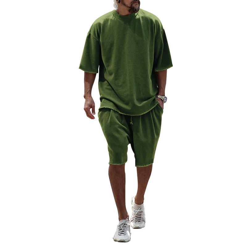 European Plus Size Casual Men's Set: Loose Short Sleeve T-shirt & Solid Color Shorts