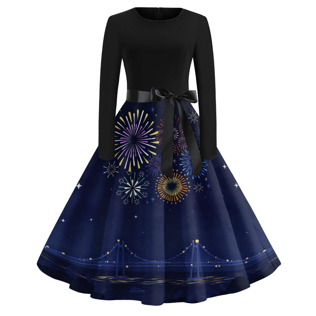 Women's Casual Fashion Round Neck Long Sleeve New Year Printed Retro Dress