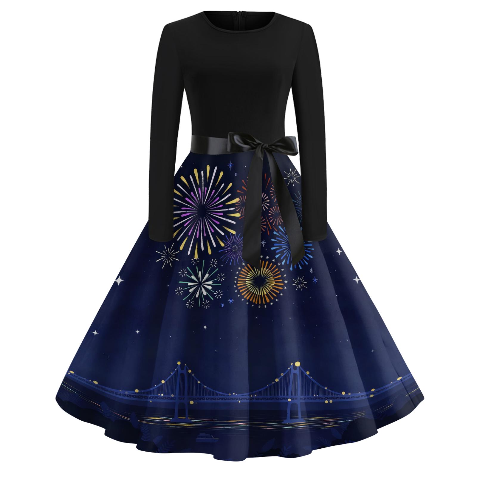 

Женское повседневное модное платье с круглым вырезом и длинным рукавом с новогодним принтом в ретро-стиле L