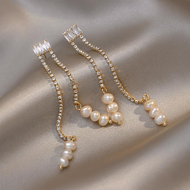 Hot Sell Trendy Shiny CZ Zircon Star Natural Freshwater Pearl 14K Gold Filled Female Tassels Stud Earrings For Women