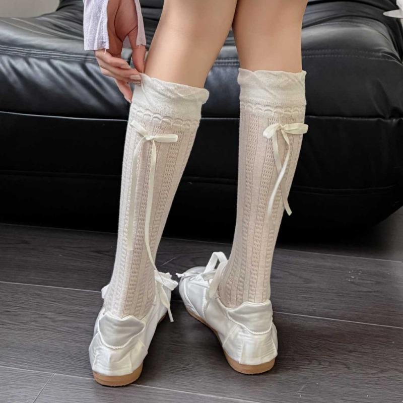 Spring and Summer Lightweight Ankle Socks for Women with A Bow At The Heel, Long Tube Socks In Ballet Style, Pure Cotton, Beautiful Leg Coverings
