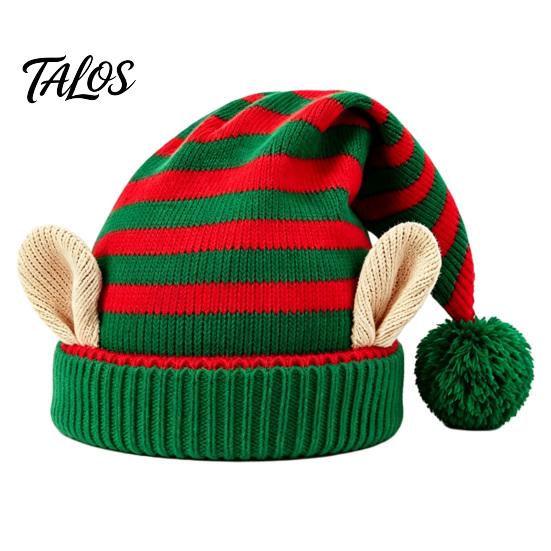 Striped Christmas Hat Elf with Ears And Pom Pom, Knitted Holiday Costume Props for Adults Santa Hat, Soft Warm Kids, Party Comfortable Knit Cap Winter