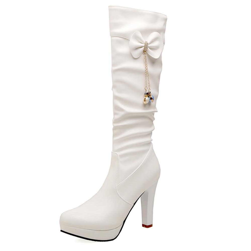 Fashion Women Winter High Boots Sexy High Heels Platform Knee High Boots Ladies Fashion Beaded Zipper White Black High Boots Shoes