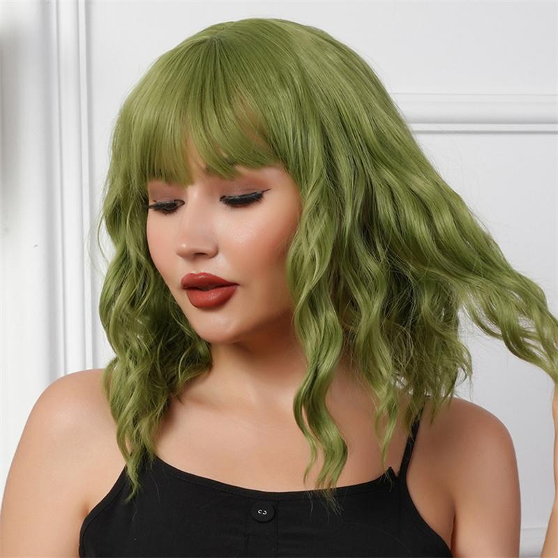 Premium Synthetic Wigs Women Long Green Wavy Wig with Bangs Medium Length Curly Wigs Drag Queen Hairstyle Wig Cosplay Costume