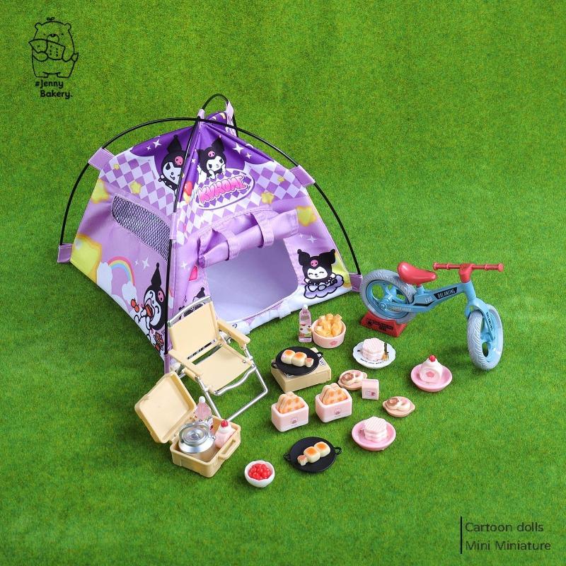 Miniature Camping Tent Set Glamping Dollhouse Furniture with Picnic Table Bicycle & Pretend Food 1:12 Tiny Tent Playset for Kids