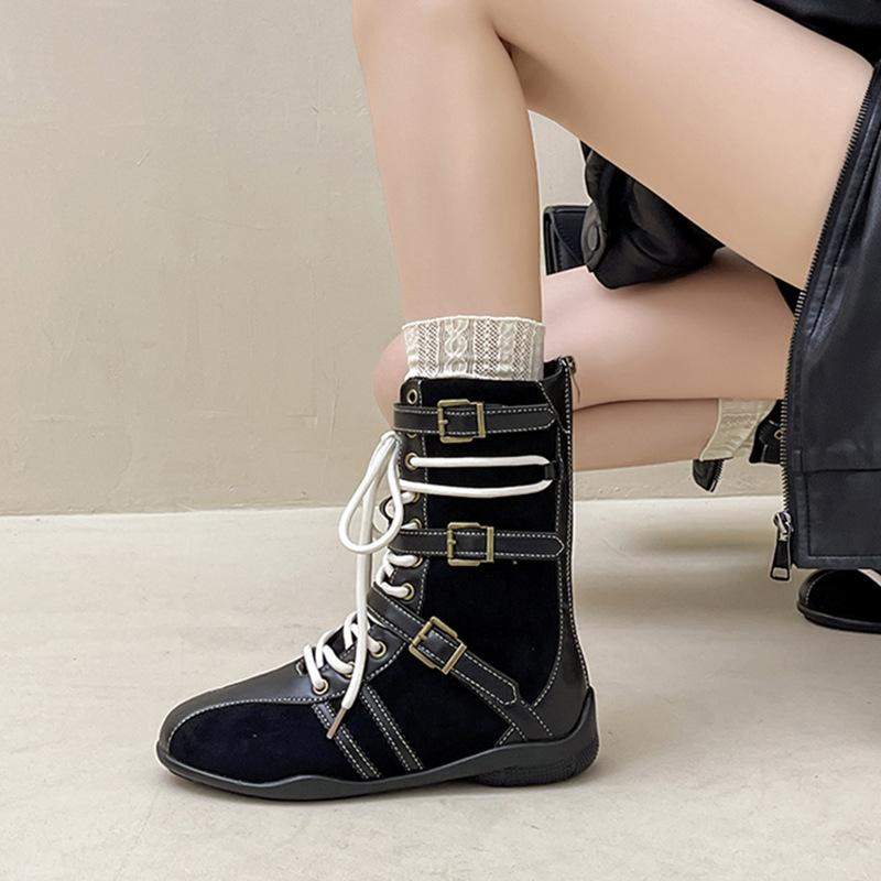 Ugly Cute Retro Style Lace-up Martin Boots Women's Autumn and Winter Niche Korean Version Design Sense Color Matching Lace-up Outer Wear Fashion B