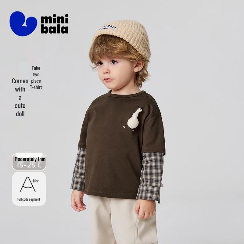Minibala Boy's Long-Sleeve Fake Two-Piece T-Shirt with Cute Doll