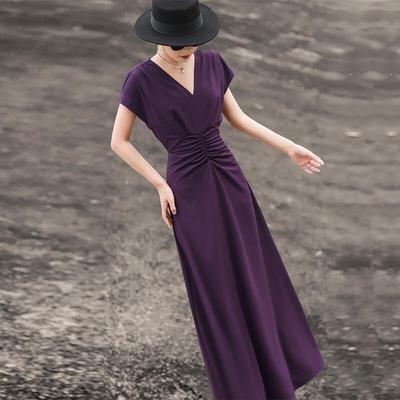 Vestido Midi Roxo Plissado Elegante com Decote em V da Lanseer