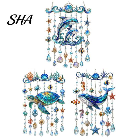 Ocean Window Decoration Animal Acrylic Hanging, Stained Glass Style Sea Turtle Whale Dolphin Suncatcher Outdoor Balcony with Crystal Beads &