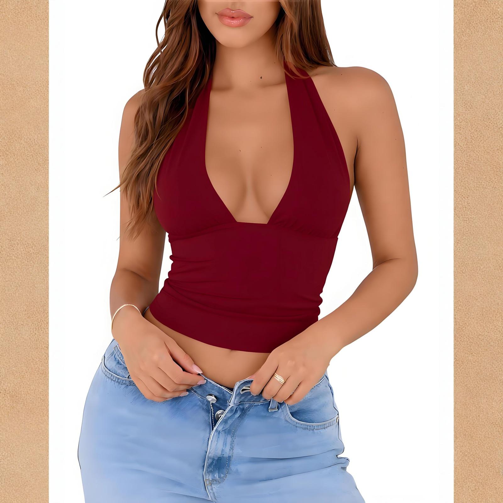 Ladies  Fashionable And Sexy Deep V-neck Hanging Neck Women s Backless Slim Fit Vest Top S