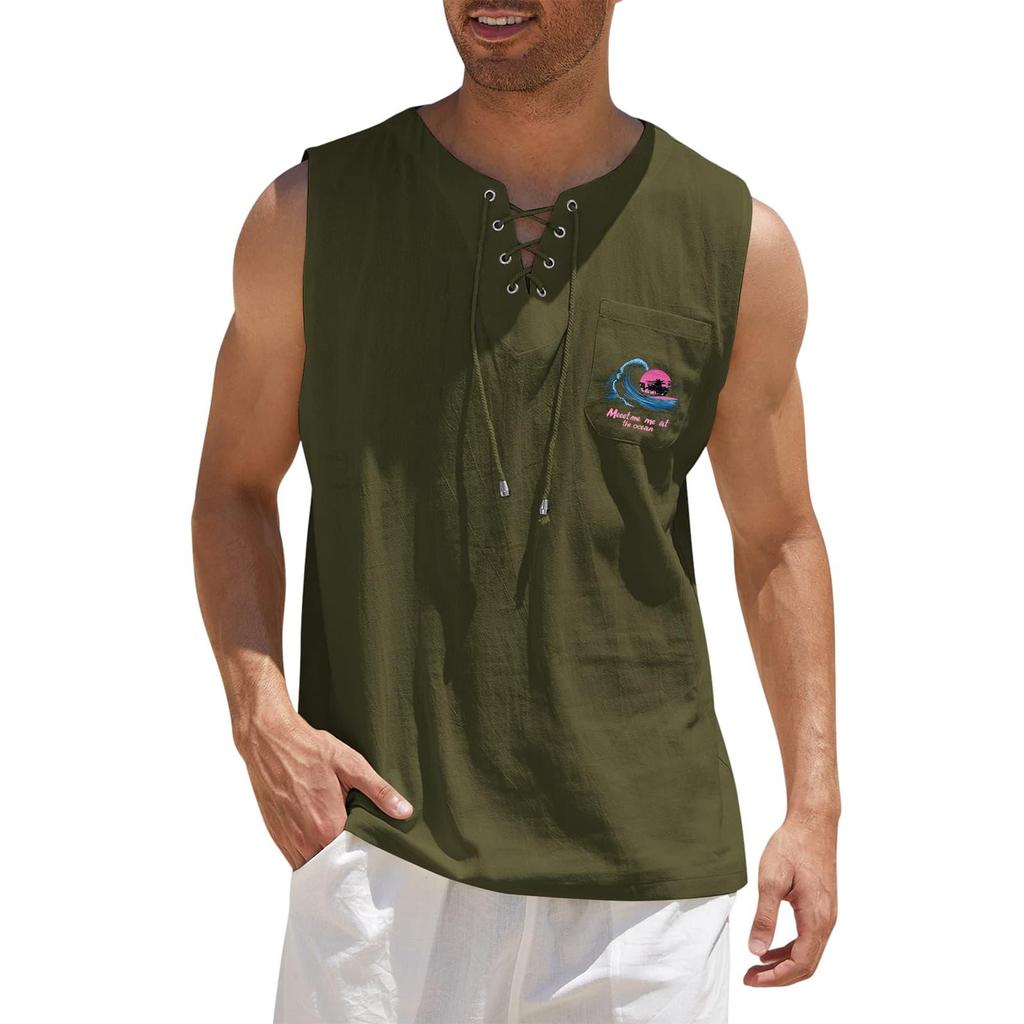 Men's Hawaiian Print Tank Top, Loose Fit Sleeveless Shirt with Adjustable Tie, Casual Beach Summer Top