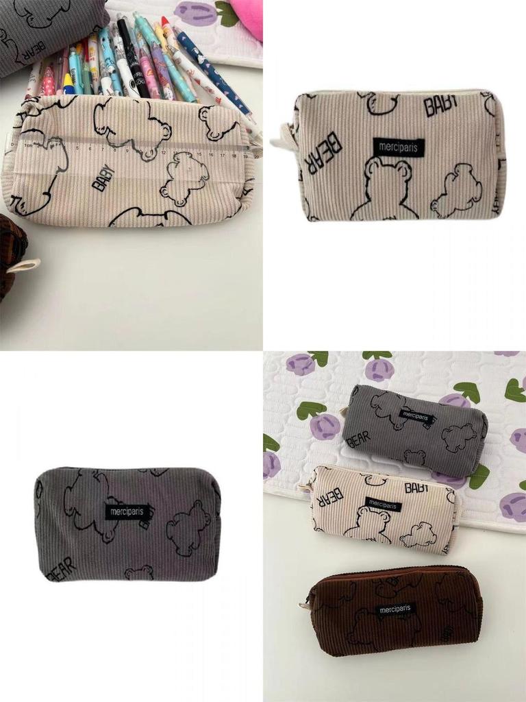 Soft Cotton Bear Print Velvet Canvas Pencil Case Korean Style Large Capacity Stationery Box Pencil Bag Brown