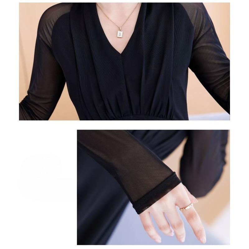 Fashionable Long Sleeve Dress Women V Neck Plus Size Flowy High Waist Elegant Spring Autumn Style