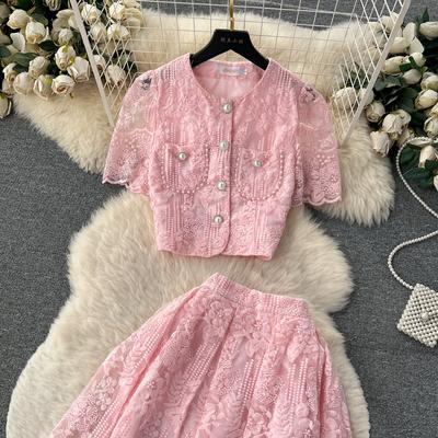 Summer Women Luxury Mesh Embroidery Flower Set Single Breasted Beading Pockets Top Shirt + Zipper Long Skirt Two Pieces Suits