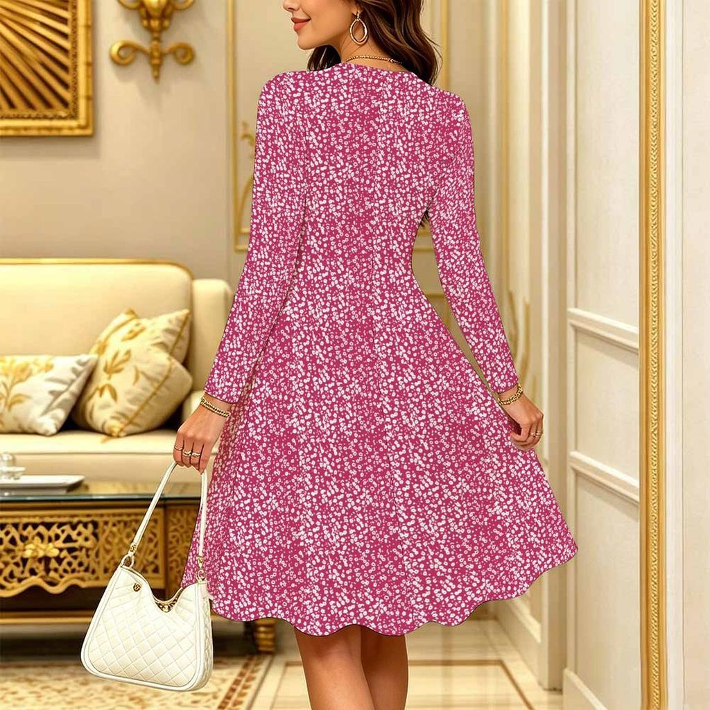 Women Long Sleeve Round Neck Midi Dress Abstract Watercolor Floral Stripe Plum Blossom Dot Print Flared Casual Dress