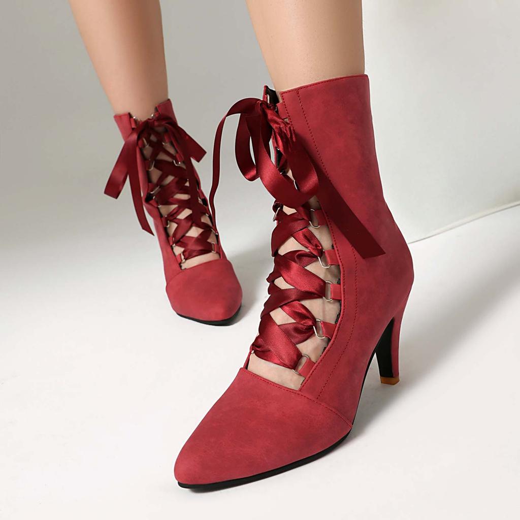 Y2k Women Boots Chunky Heels Lace Up Cute Bow Knot Cosplay Costumes Witch Medieval Mid Calf Boots Vintage Gothic Character Shoes