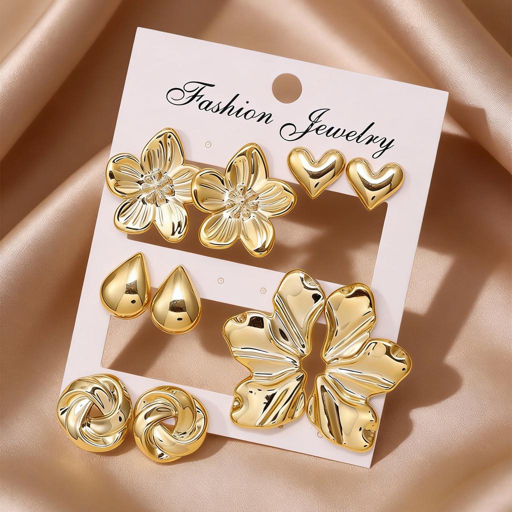 New gold stud earrings set, flower heart-shaped geometric various versatile earrings, trendy jewelry