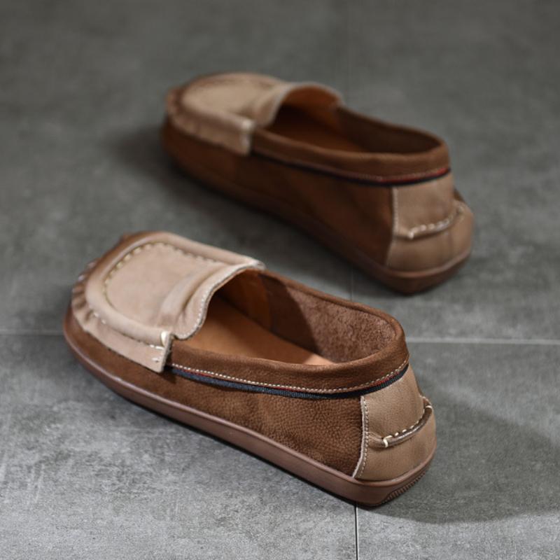 Johnature Loafer aus echtem Leder mit quadratischer Zehenpartie und weicher Sohle, flache Schuhe, Retro-Schlupfschuhe in Mischfarben für Damen