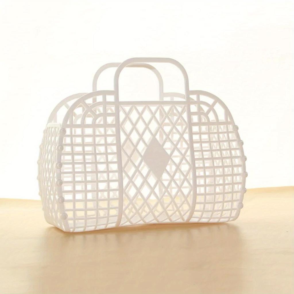 Collapsible Plastic Storage Basket Bag, Open Travel Cosmetic Organizer with Dual Handles Design, Hand Wash Beach Bag