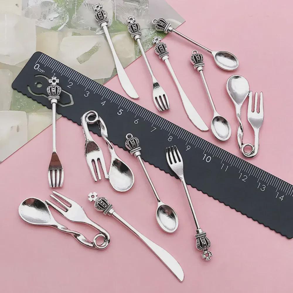 DIY Alloy Jewelry Accessories: Miniature Tableware Pendants - Fork, Spoon, Pot, Plate