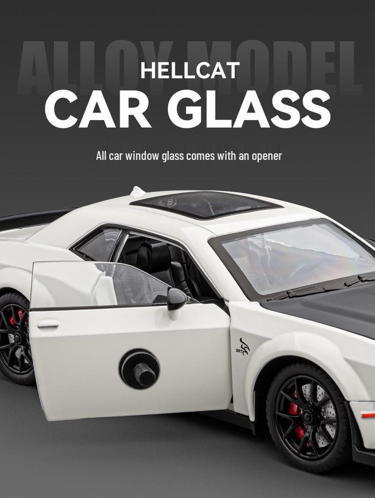 1:24 Hellcat Challenger Alloy Sports Car Model with Sound, Light, Pull-Back, and Openable Doors.