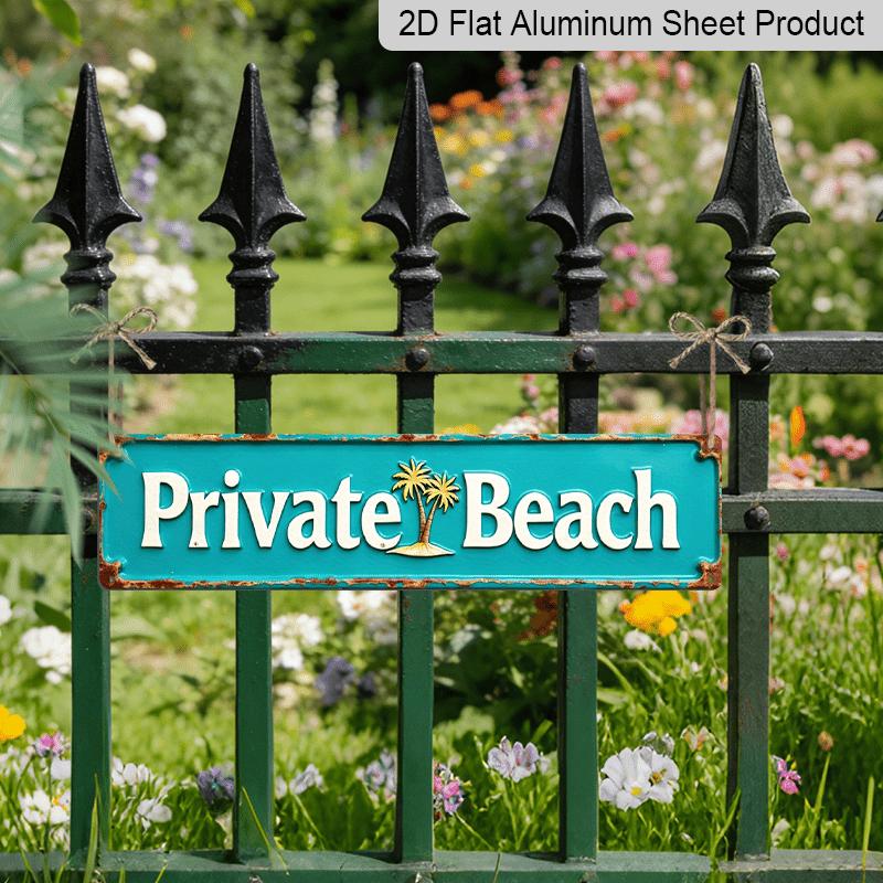 Decoração de Parede de Metal para Praia Privada 2D Plana - Estilo Costeiro Placa Decorativa de Alumínio com Cor Turquesa Vintage e Design de Palmeira, Medindo