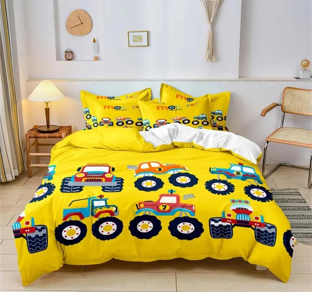 Cartoon Car Bedding Set Construction Vehicles Comforter Cover 3pcs Kids Machinery Truck Soft Polyester Duvet Cover for Boys Gift