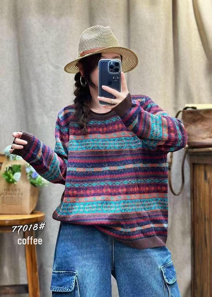 Women's Jacquard Sweater - 2026 Autumn/Winter Korean Style, Loose Fit, Casual Round Neck Pullover Knitwear