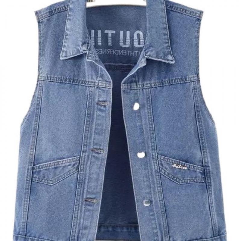 Women's Plus Size Embroidered Denim Vest with Big Pockets - Autumn Sleeveless Cardigan