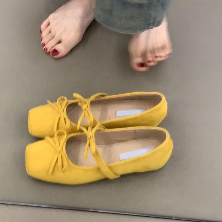 Non-slip Heightening Square Head Blue Bow Light Mouth Single Shoes Women's 2025 New Spring and Summer French Ballet Mary Jane