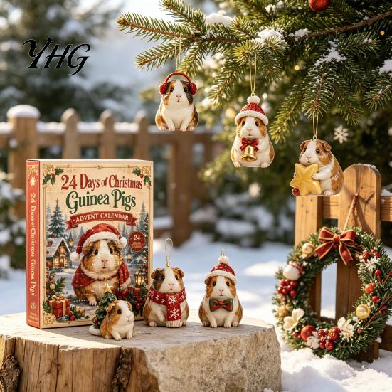 Decorative Acrylic Pendants Guinea Pig Advent Calendar, 24-Day 2D Ornament Set with Christmas Countdown Gift Box Outfits, Tree Hanging Decor, for Pet