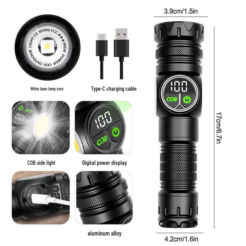 Magnetic Laser Flashlight with Digital Display and Side Light for Outdoor Emergency Repairs