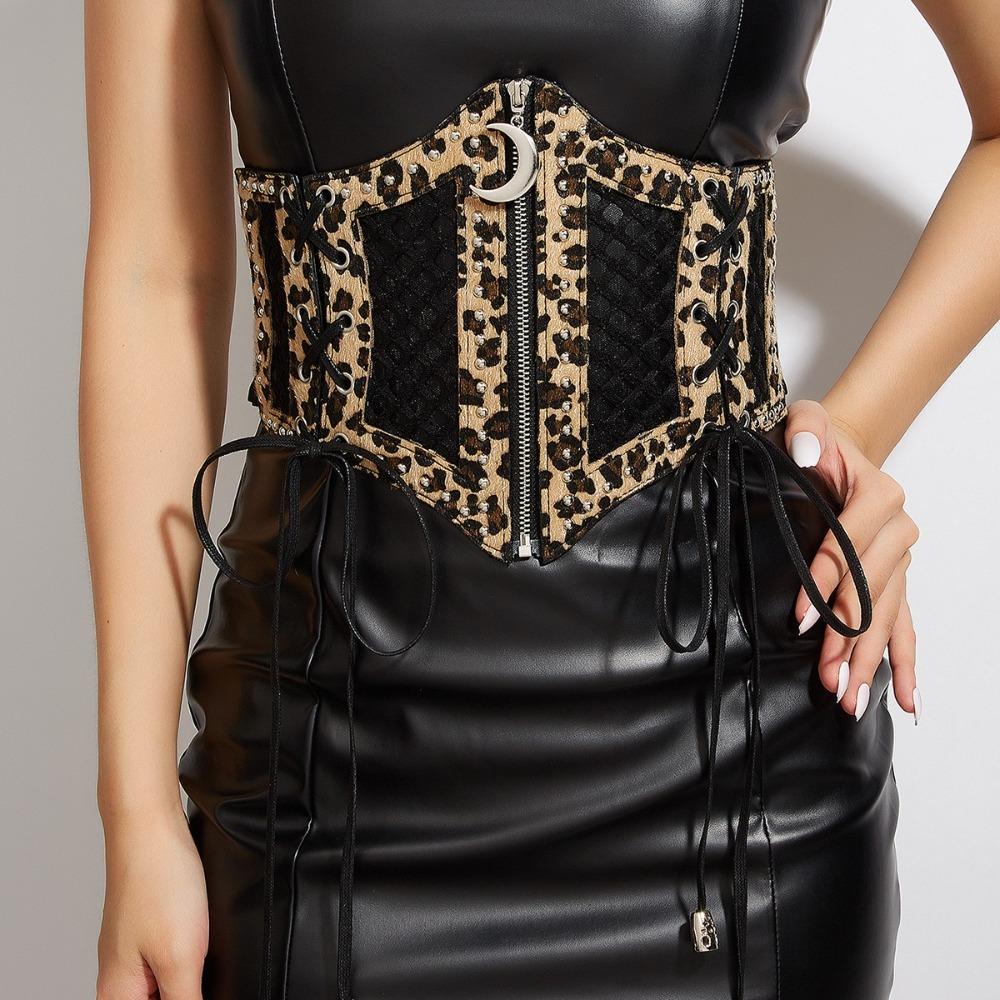 Leopard Print Cummerbund Moon Zipper Pendant Waistband Retro Wide Waist Belt Party Accessory