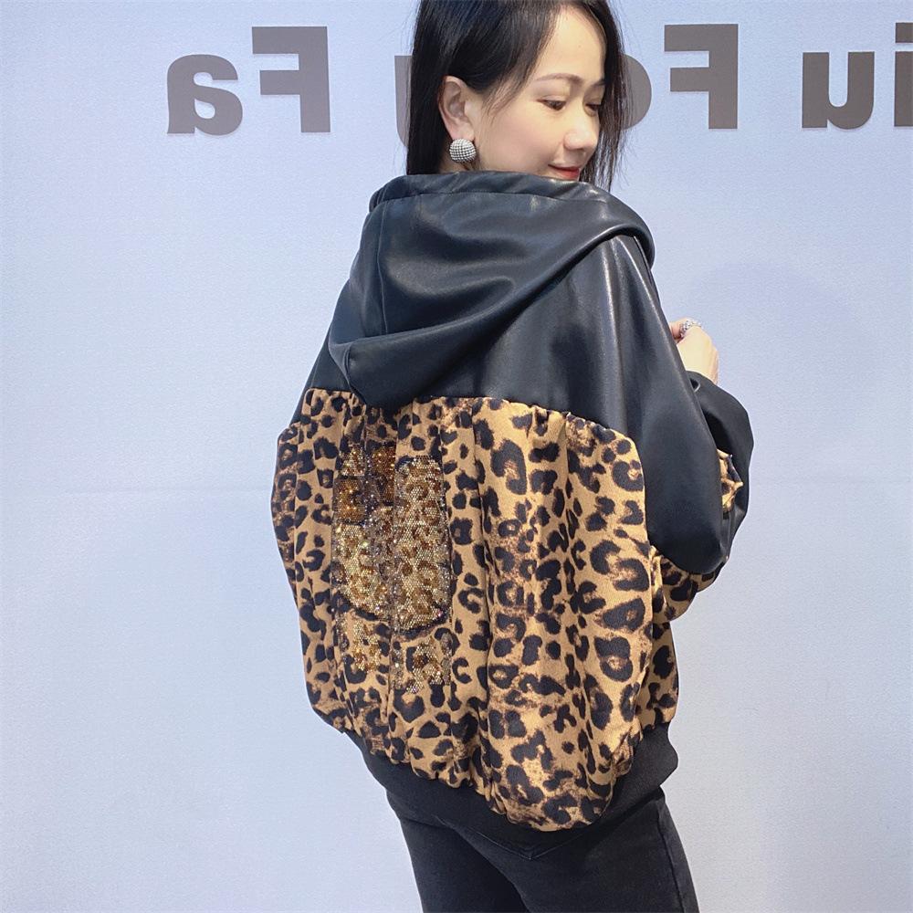 Autumn and Winter Leopard Print Patchwork Leather Cardigan Women's Hot Diamond Long-sleeved Top Versatile Bat Sleeve Leather Jacket