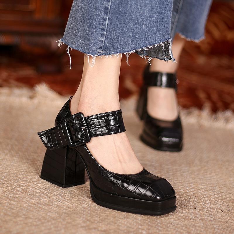 Retro Concise Mary Janes Women Pumps Genuine Leather Platforms Thick Heels Shoes Woman 2024 Spring Casual Buckle Pumps New Shoes