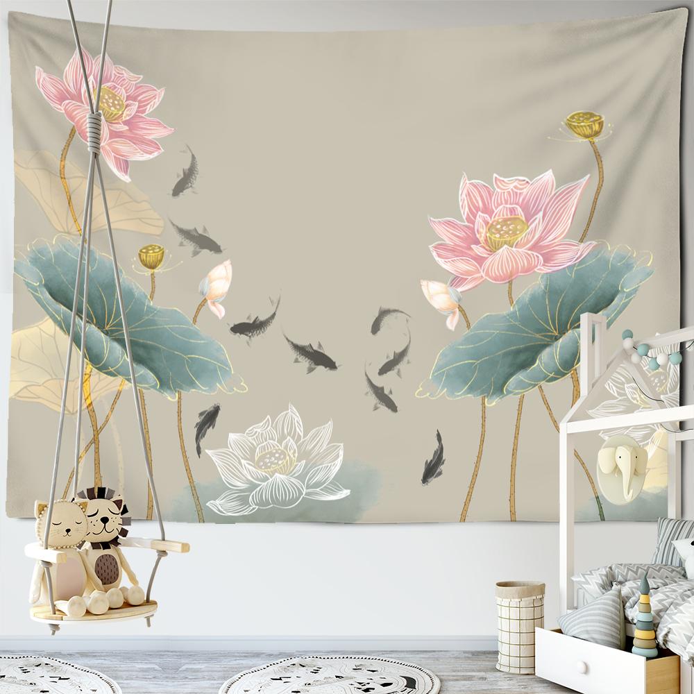 Tapiserie murală de fundal cu pește de lotus, perete în stil boem, artă psihedelică, estetică minimalistă, agățat de perete pentru cameră
