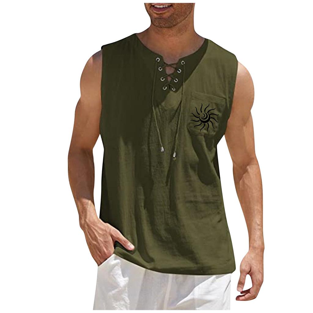 Herren Casual Lose Baumwolle Leinen Hemden Bedruckte Hemdbluse Ärmellose Weste Strandhemden Tops
