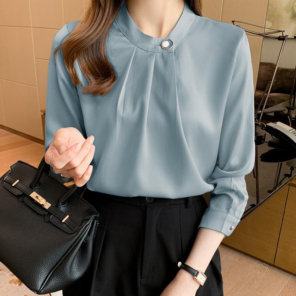 Women's Stand Collar Long Sleeve Loose Fit Blouse Pleated Satin Office Shirt