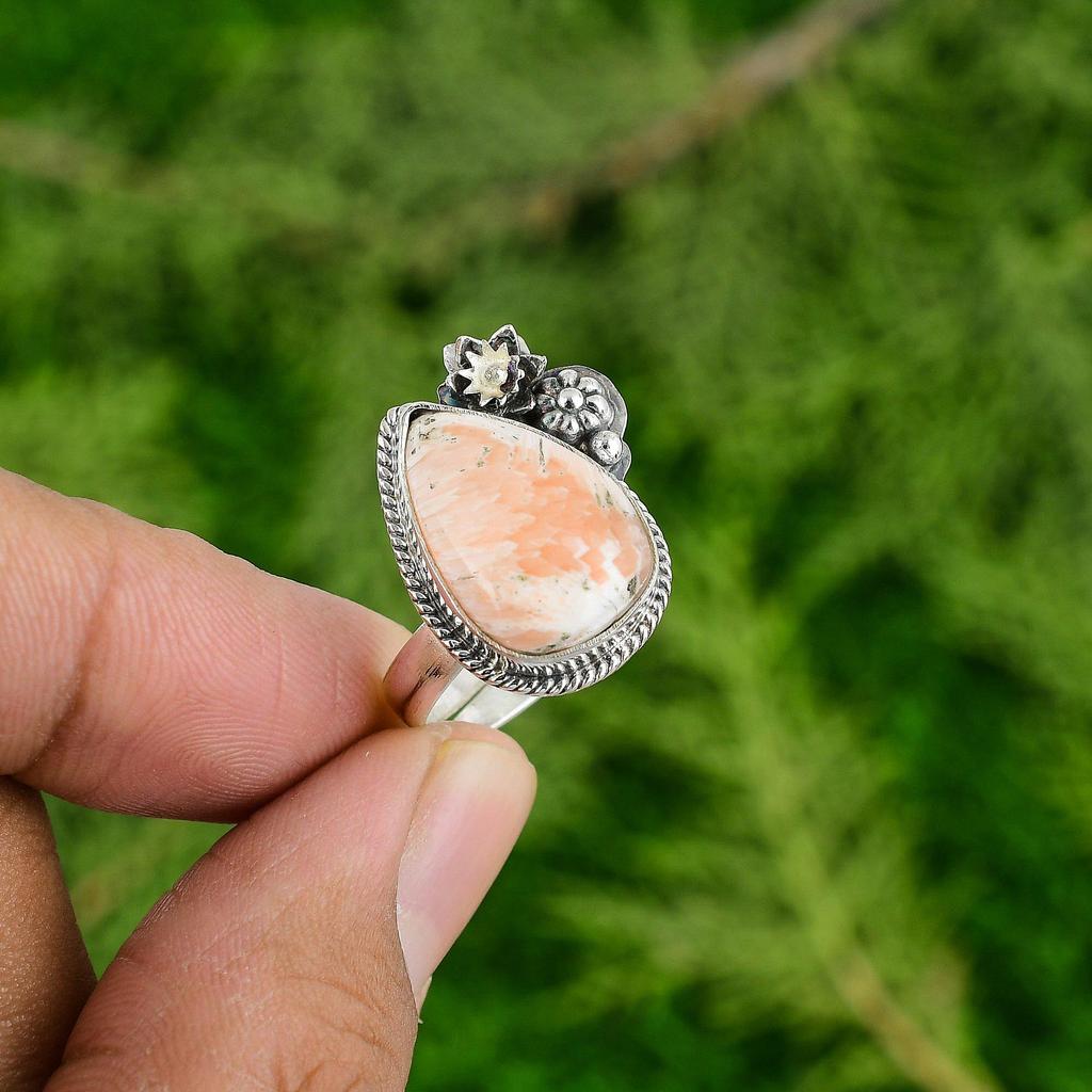 925 Sterling Silver Pear Natural Scolecite Bezel Multi Stone Flower Ring Jewelry