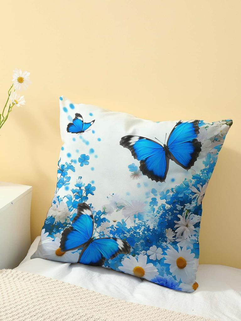 Blue Butterfly And Daisy Print Throw Pillow Cover, Cushion Case For Sofa Bedroom Living Room Couch Bed Office Chair Home Decor