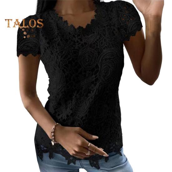 

Жіночий топ з коротким рукавом та круглим вирізом, суцільний колір, футболка з мереживом, зрощування, суцільний колір, звичайний крій, повсякденна блузка XXL чорний